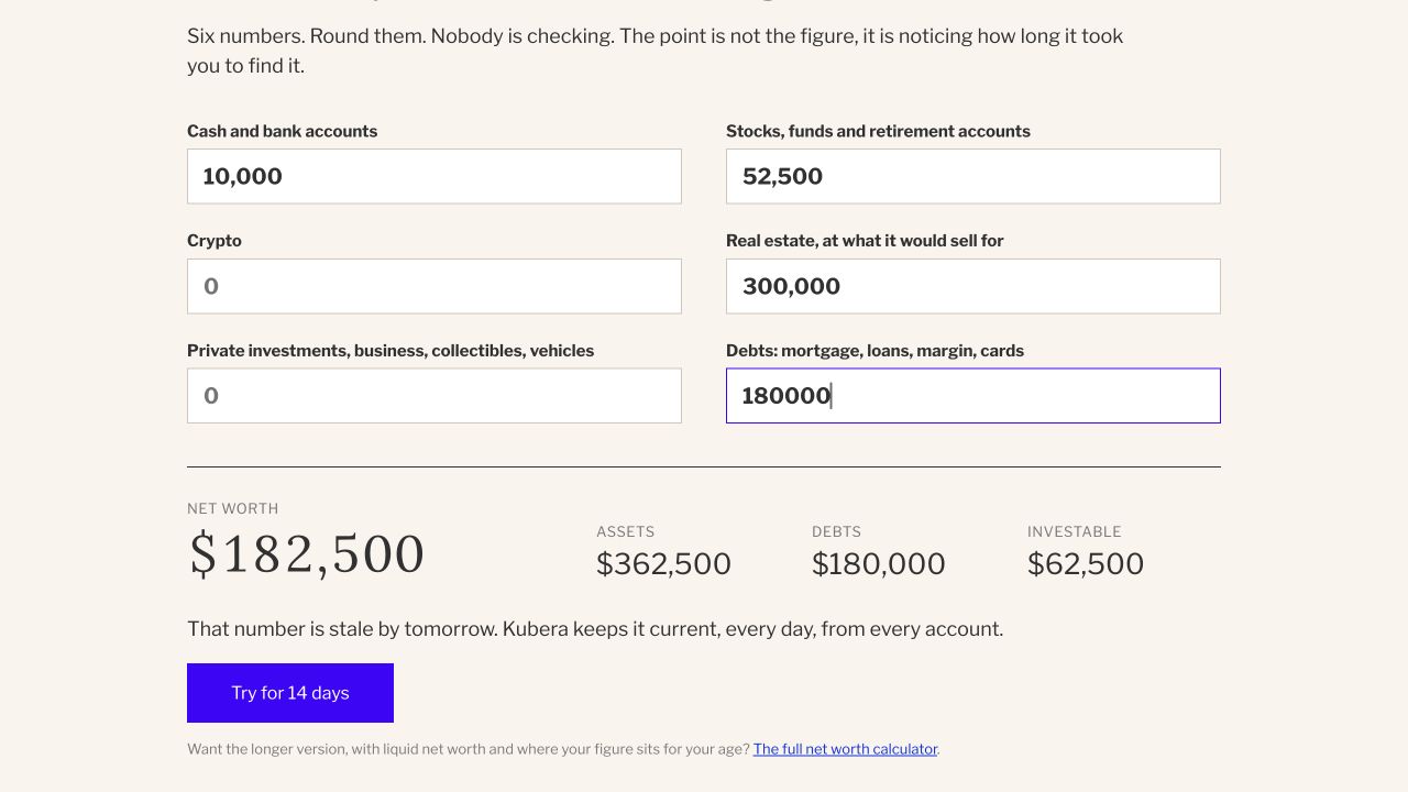 Kubera public calculator with fictional USD inputs showing 182500 net worth and 62500 investable