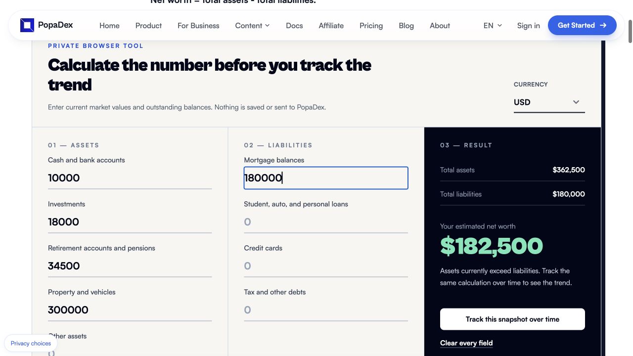 PopaDex public calculator with the same fictional USD balances showing 182500 net worth