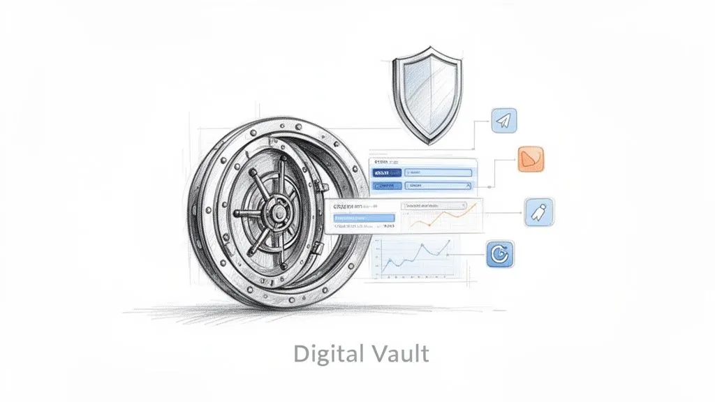 Detailed sketch of a digital vault with a security shield, protecting data interfaces and service icons.