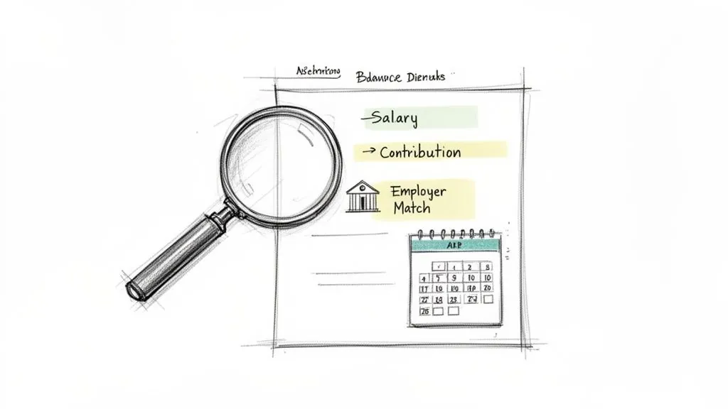 A magnifying glass inspecting a financial document with salary, contribution, employer match, and a calendar.