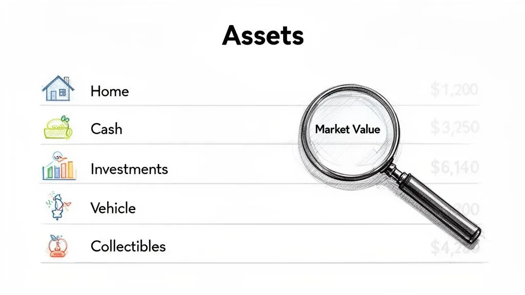 A list of personal assets like home, cash, investments, vehicle, and collectibles with their market values.