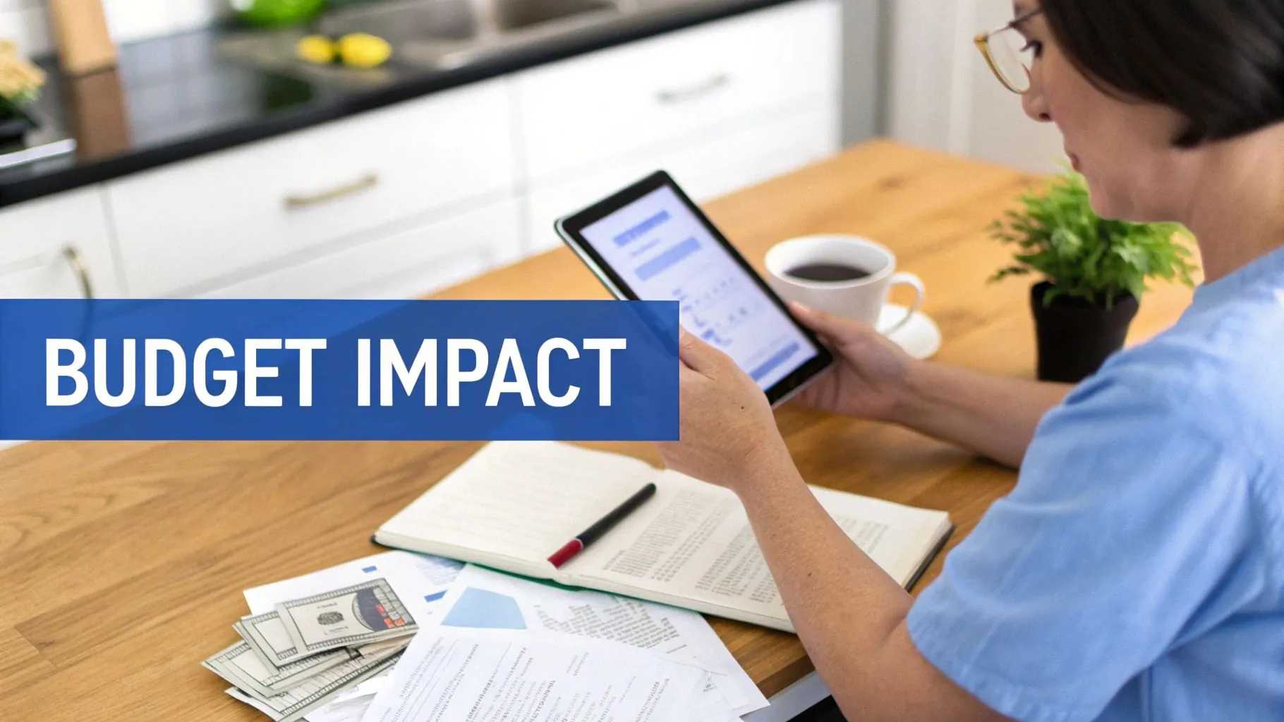 A magnifying glass hovering over a calculator and financial documents, representing a close look at a personal budget.