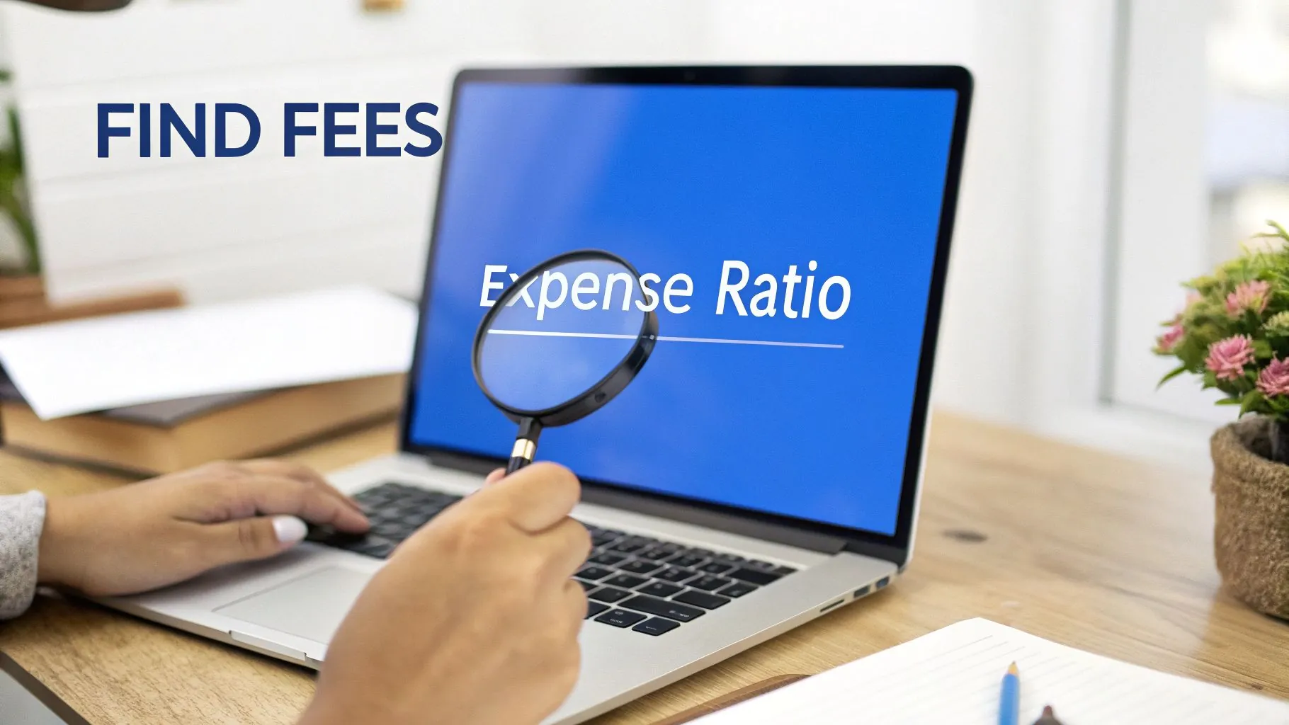 A person uses a laptop and magnifying glass to find 'Expense Ratio' and 'Fees'.