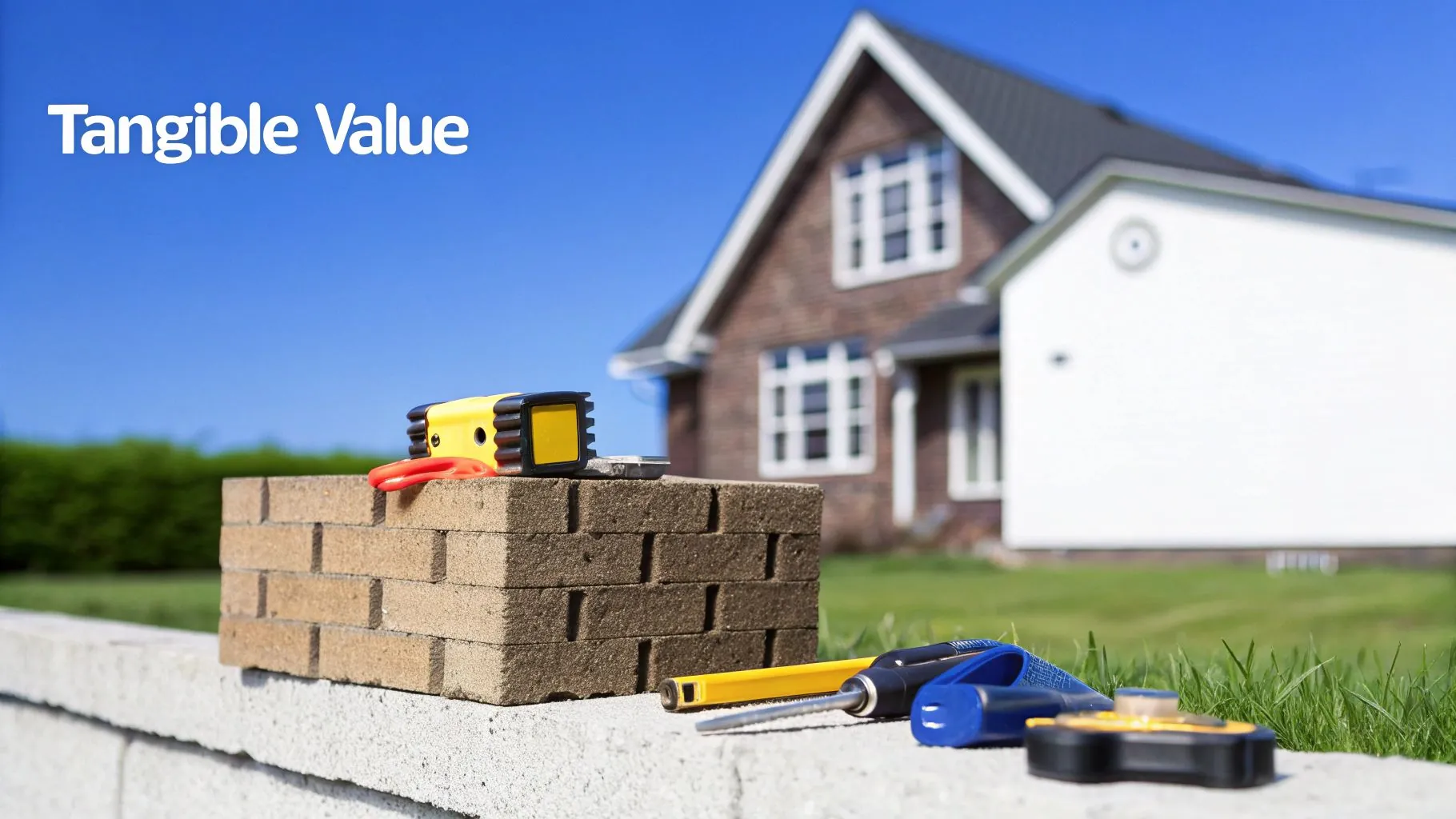 Construction tools and miniature house model illustrating tangible assets and property value concept