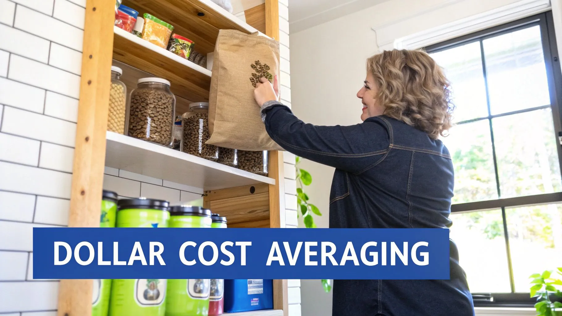 A person regularly adding coins to a growing money plant, illustrating the concept of consistent investment over time with Dollar Cost Averaging.