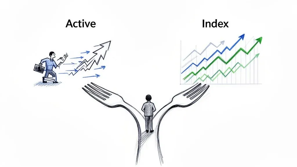 Illustration of a person deciding between active fund management with jagged growth and passive index fund investing with steady growth.