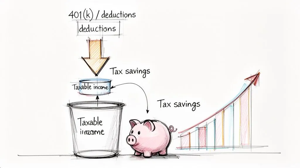 Diagram illustrating how 401(k) deductions reduce taxable income, leading to tax savings that grow investments.
