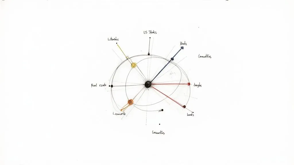 Hand-drawn radial diagram illustrating different asset classes like stocks, bonds, and real estate.