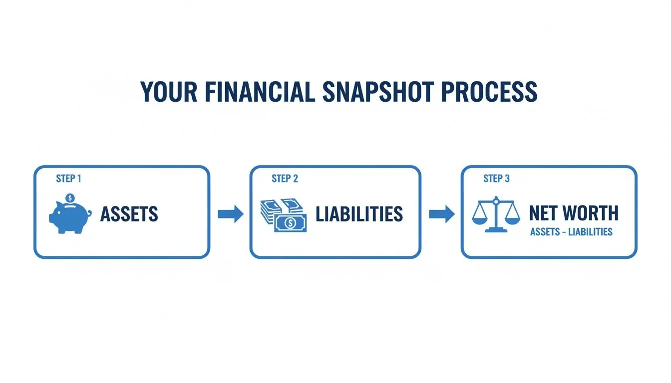 A diagram illustrating the financial snapshot process: Step 1 Assets, Step 2 Liabilities, Step 3 Net Worth.
