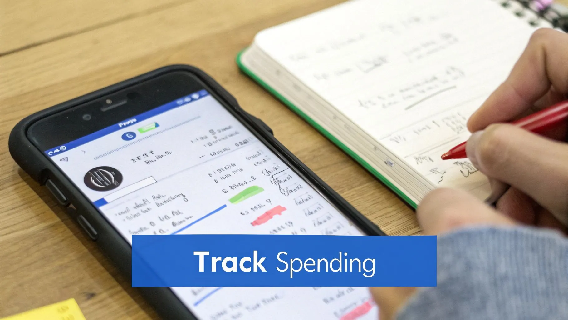 A young adult sits on a couch, casually reviewing finances on a smartphone while enjoying a cup of tea.