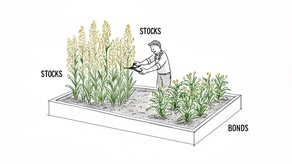A person prunes tall 'stocks' plants and shorter 'bonds' in a garden box, symbolizing portfolio rebalancing.