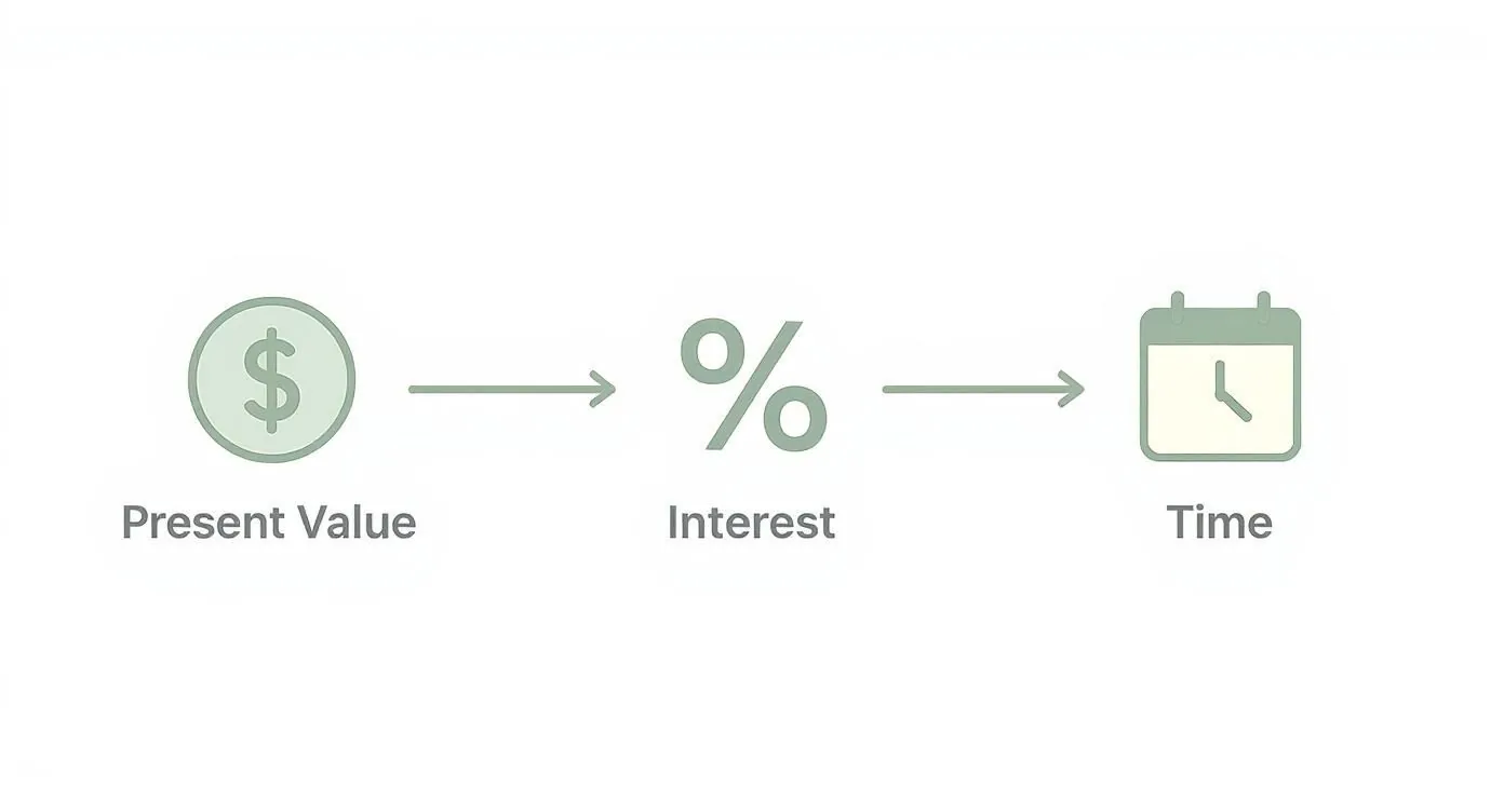A financial diagram showing Present Value, Interest, and Time linked by arrows, illustrating their relationship.