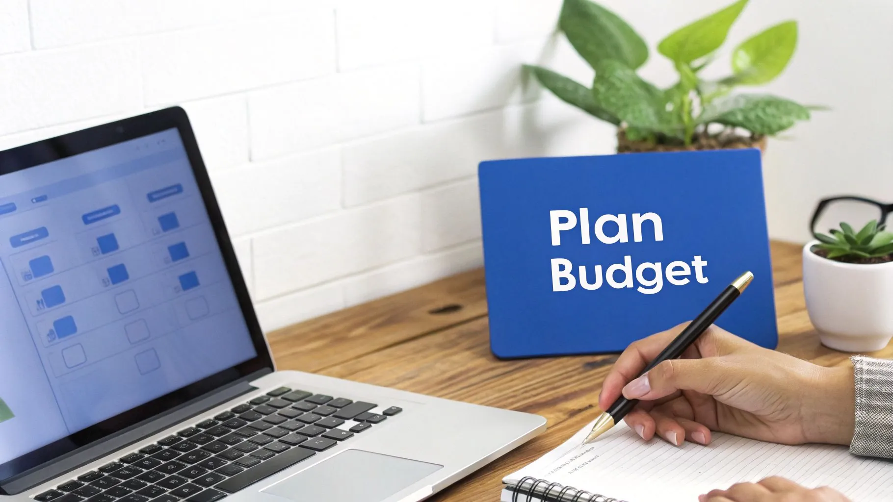 A young adult smiling, looking thoughtfully at a vision board with travel photos, savings goals, and career aspirations.