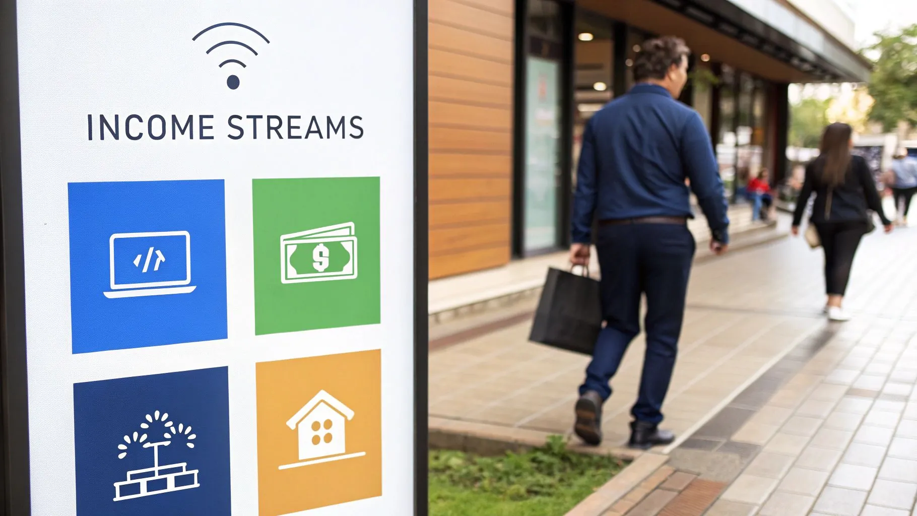 A diverse collection of icons representing different income streams like stocks, real estate, and digital products, arranged in a visually appealing grid.