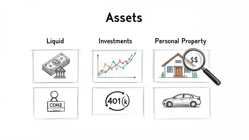 A diagram showcasing various types of assets: liquid, investments, and personal property like a house or car.