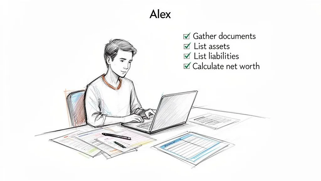 Alex diligently works on his laptop at a desk, completing a personal finance checklist to calculate net worth.