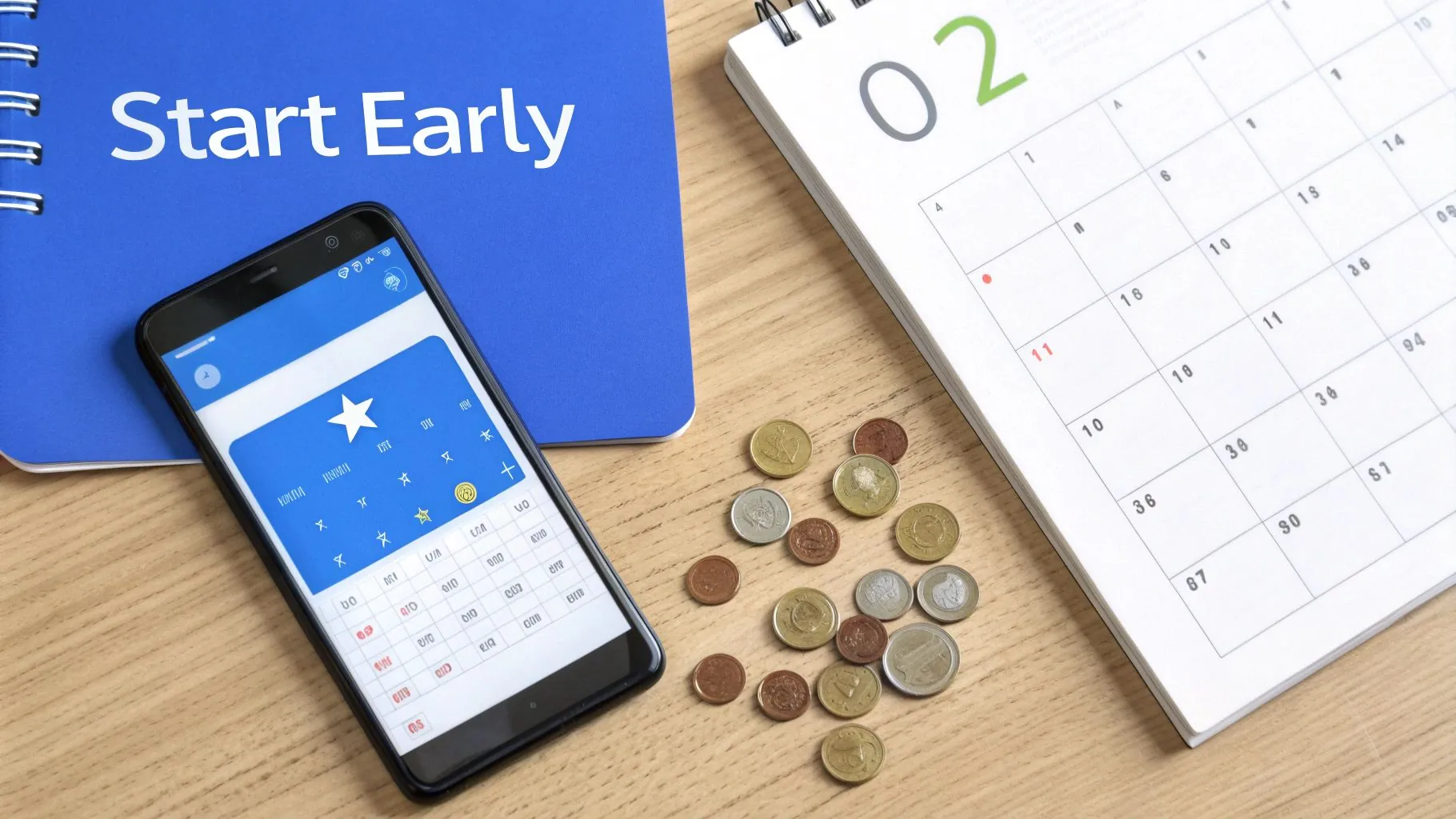 Smartphone displaying savings app with coins and calendar on desk promoting early financial planning