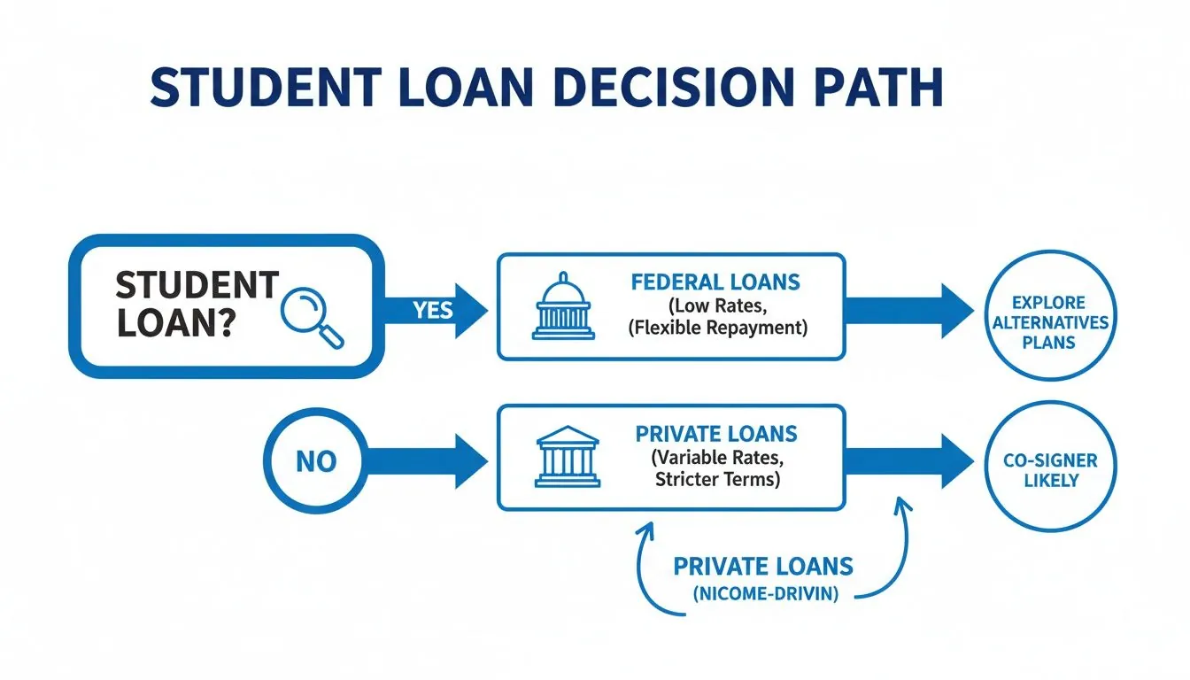Flowchart illustrating the student loan decision path, comparing federal and private loan options.