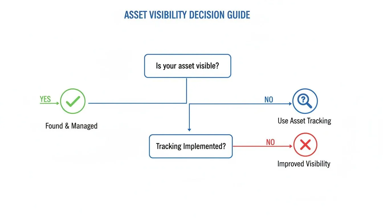 A decision guide flowchart for asset visibility, showing paths for found and managed assets, asset tracking, and achieving improved visibility.
