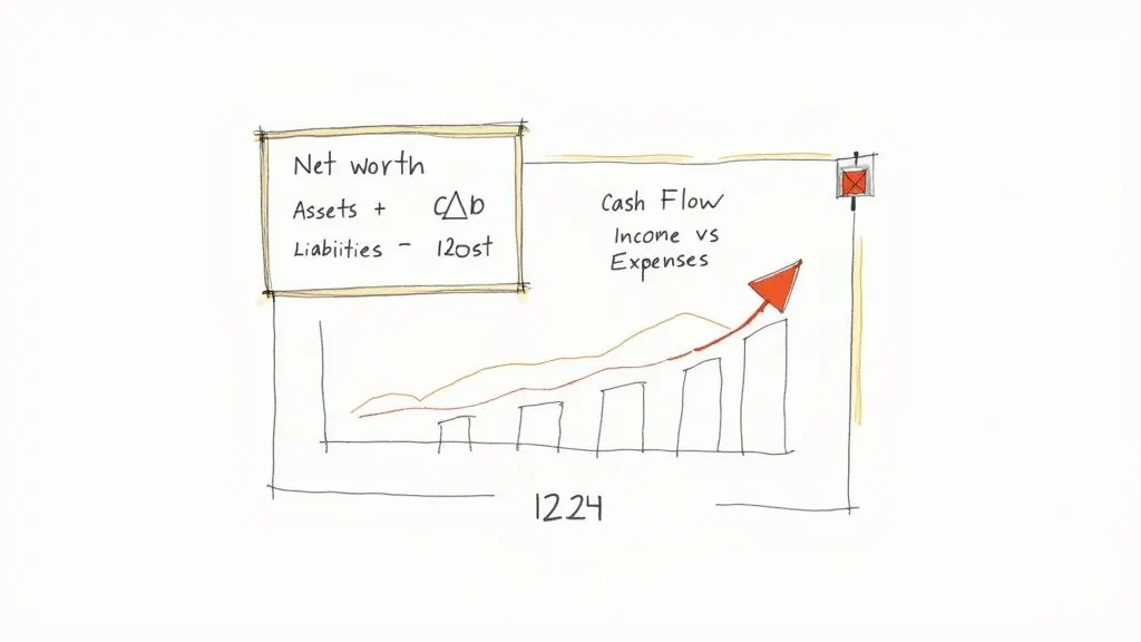 An illustration of financial concepts including net worth and cash flow with an upward trend graph.