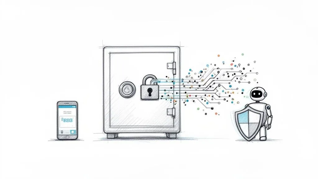Illustration showing a smartphone, a secured safe, digital data flowing, and a robot with a shield representing online security.