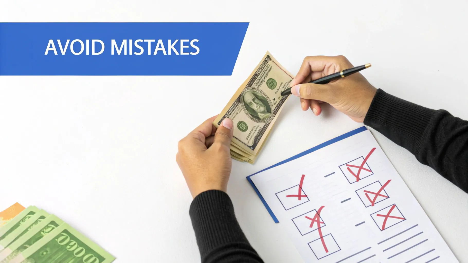 A person looking worriedly at a calculator and financial documents, symbolizing a miscalculation of wealth.