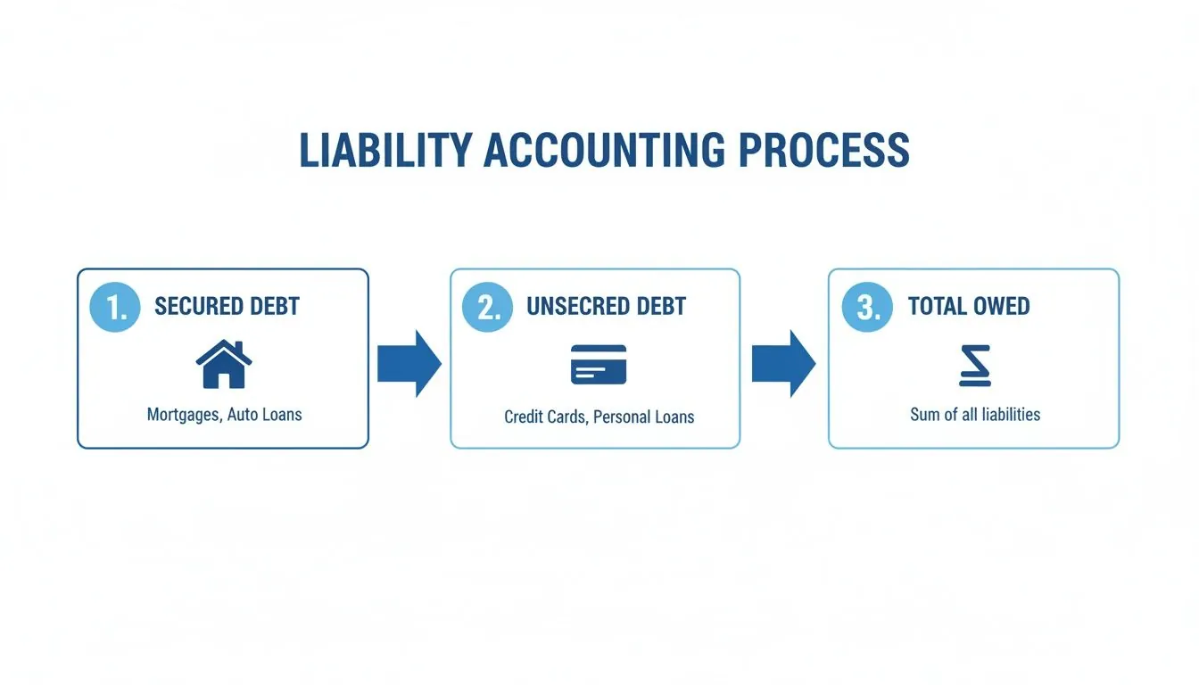 A three-step diagram illustrates the liability accounting process, distinguishing between secured and unsecured debt to calculate total owed.