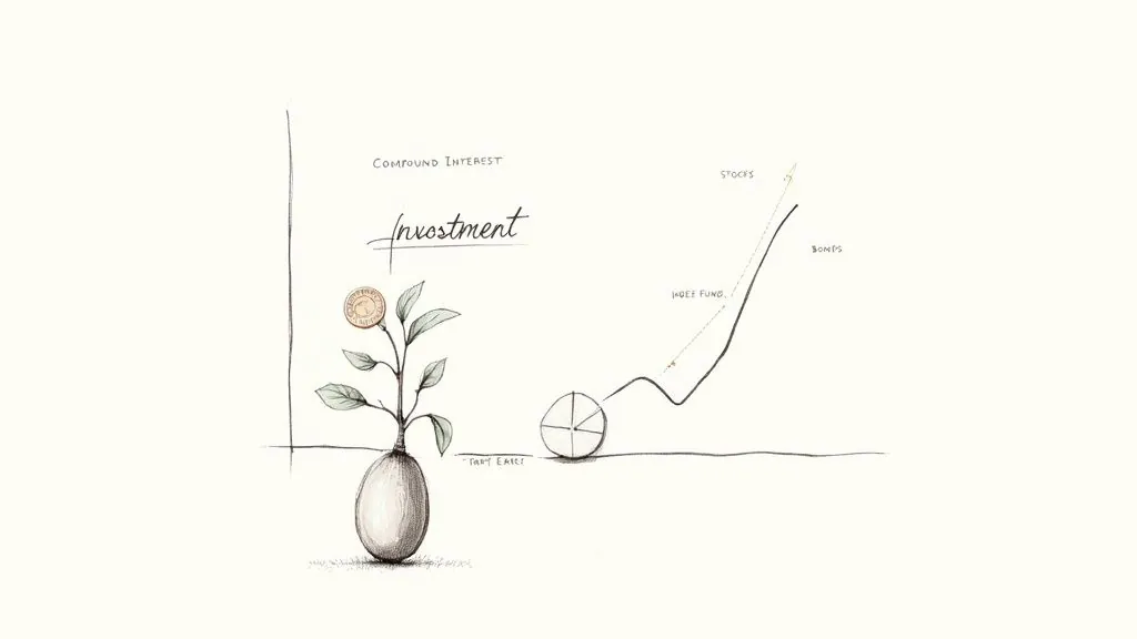 Hand-drawn illustration showing investment growth with compound interest, stocks, bonds, and funds.