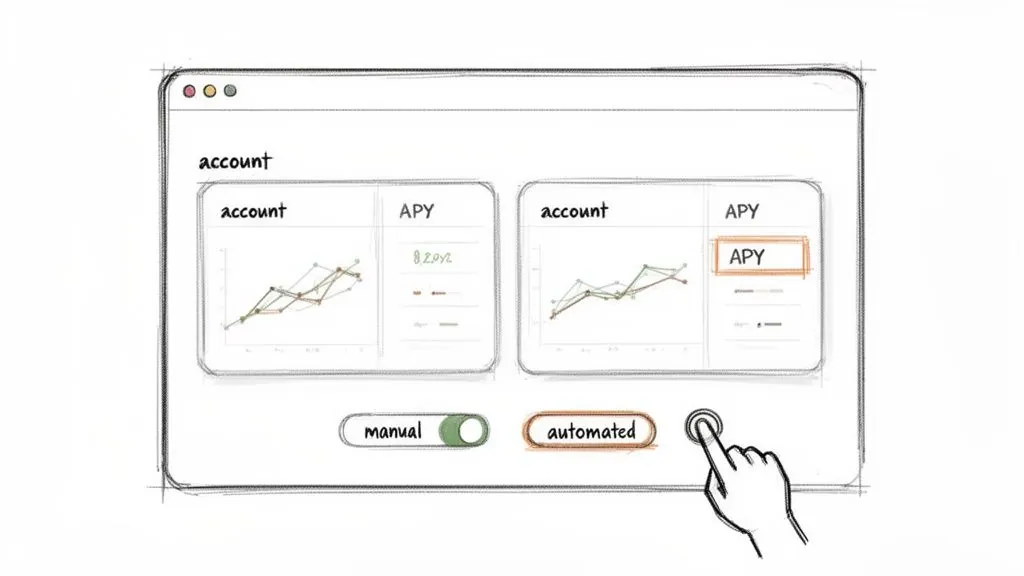 A sketched user interface displaying two financial accounts with comparison charts, APY percentages, and 'manual'/'automated' toggles.