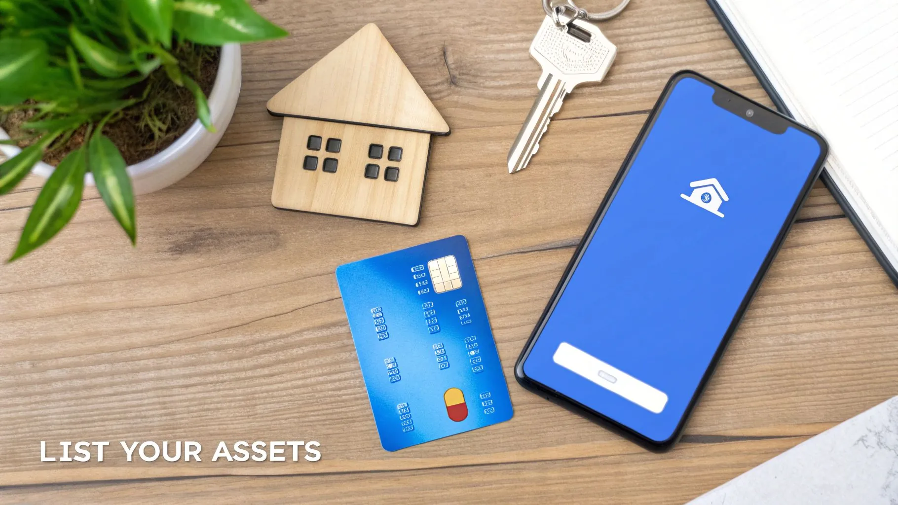 Financial assets including house keys, credit card, and smartphone app on wooden desk with plant