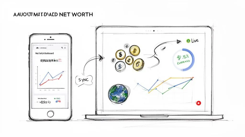 Hand-drawn devices displaying synchronized financial dashboards with graphs and currency symbols.