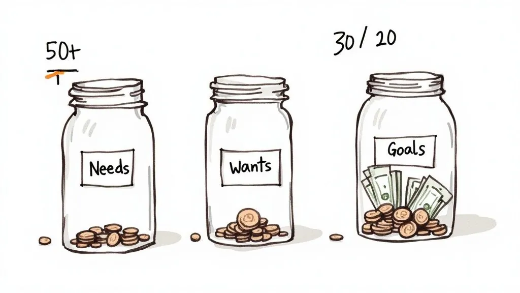 Illustration of three jars labeled Needs, Wants, and Goals, showing money allocated for budgeting.