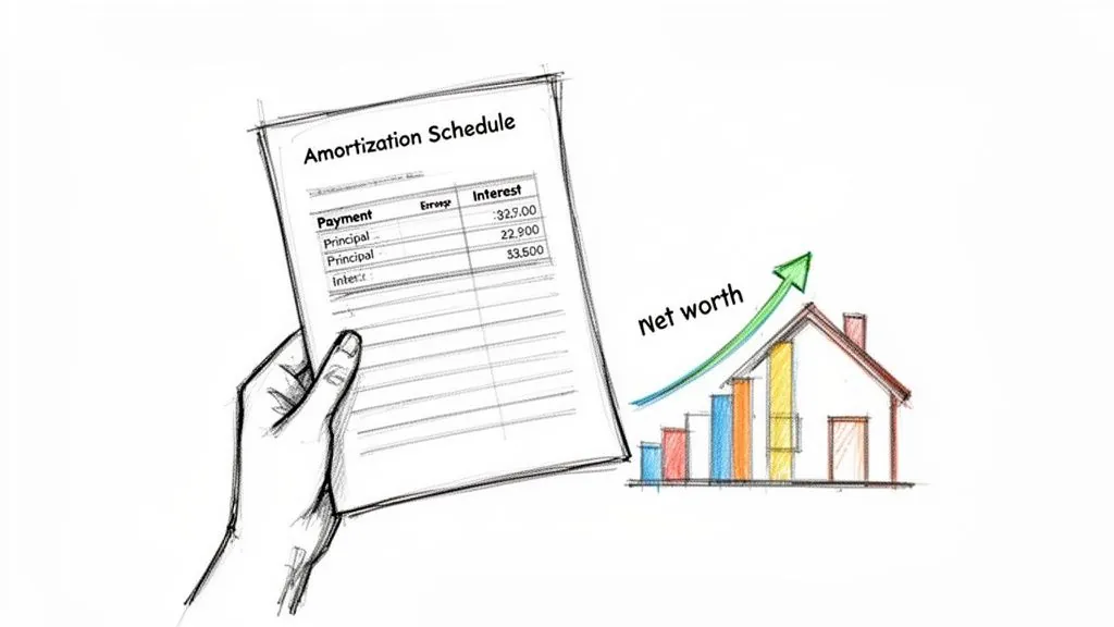 A hand holds an amortization schedule document next to a house with an increasing net worth.