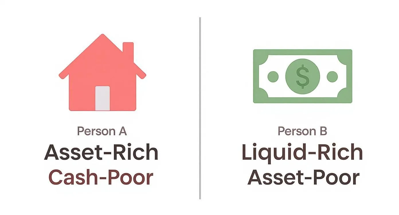 Infographic comparing an asset-rich but cash-poor person with a liquid-rich but asset-poor person.
