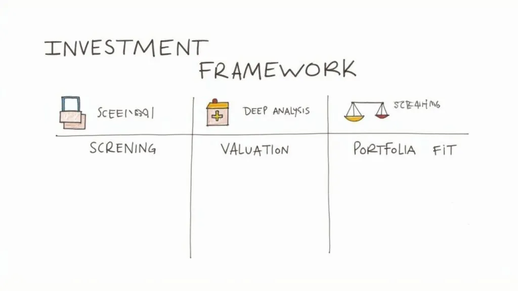 A hand-drawn diagram illustrating an investment framework with three steps: Screening, Valuation, and Portfolio Fit.