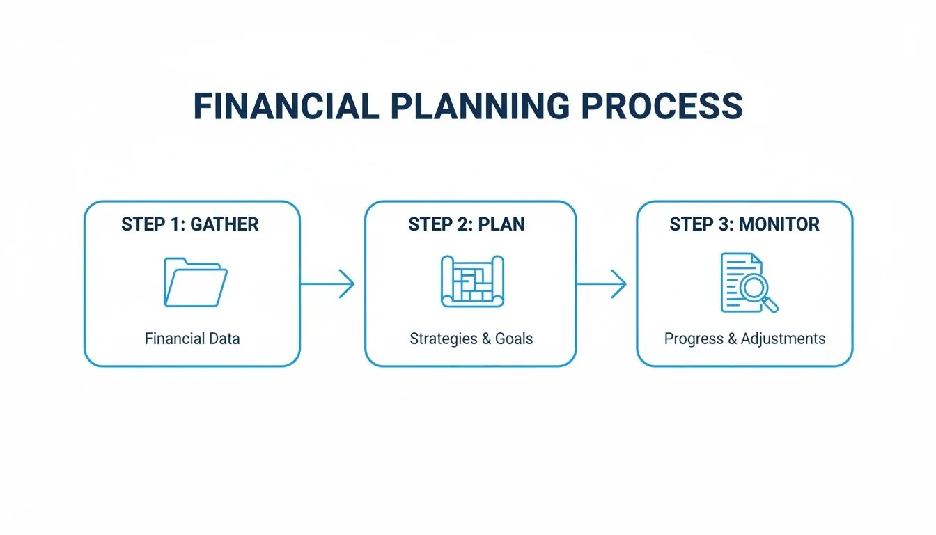 A clear visual guide illustrating the three-step financial planning process: gather, plan, and monitor.