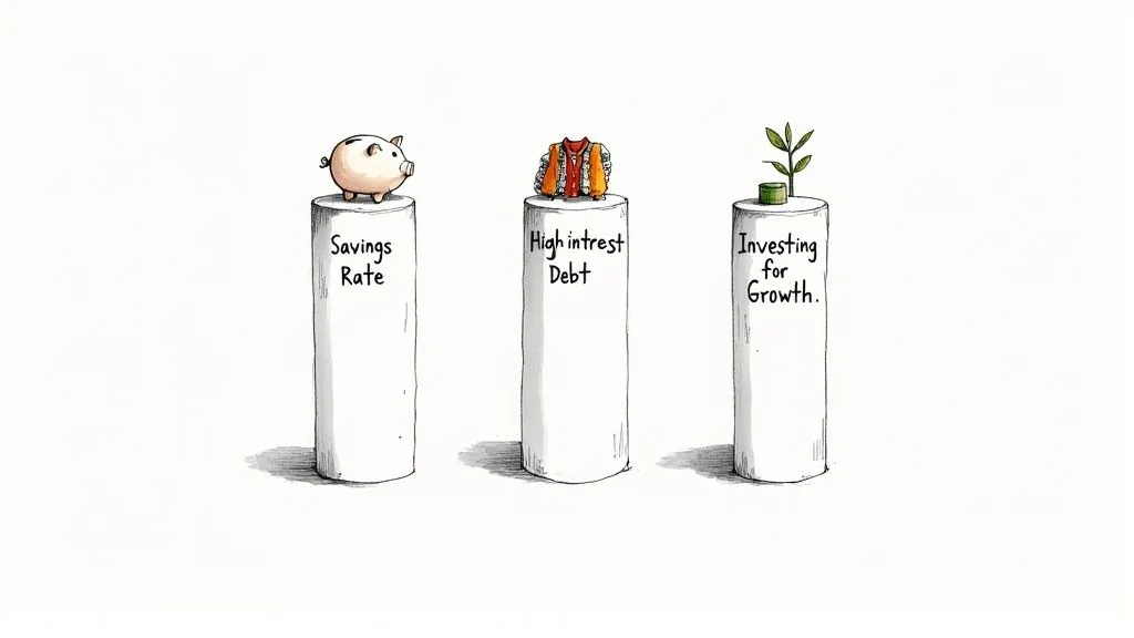 Illustration of three pedestals showing a piggy bank for savings, clothes for high-interest debt, and a plant for investing.