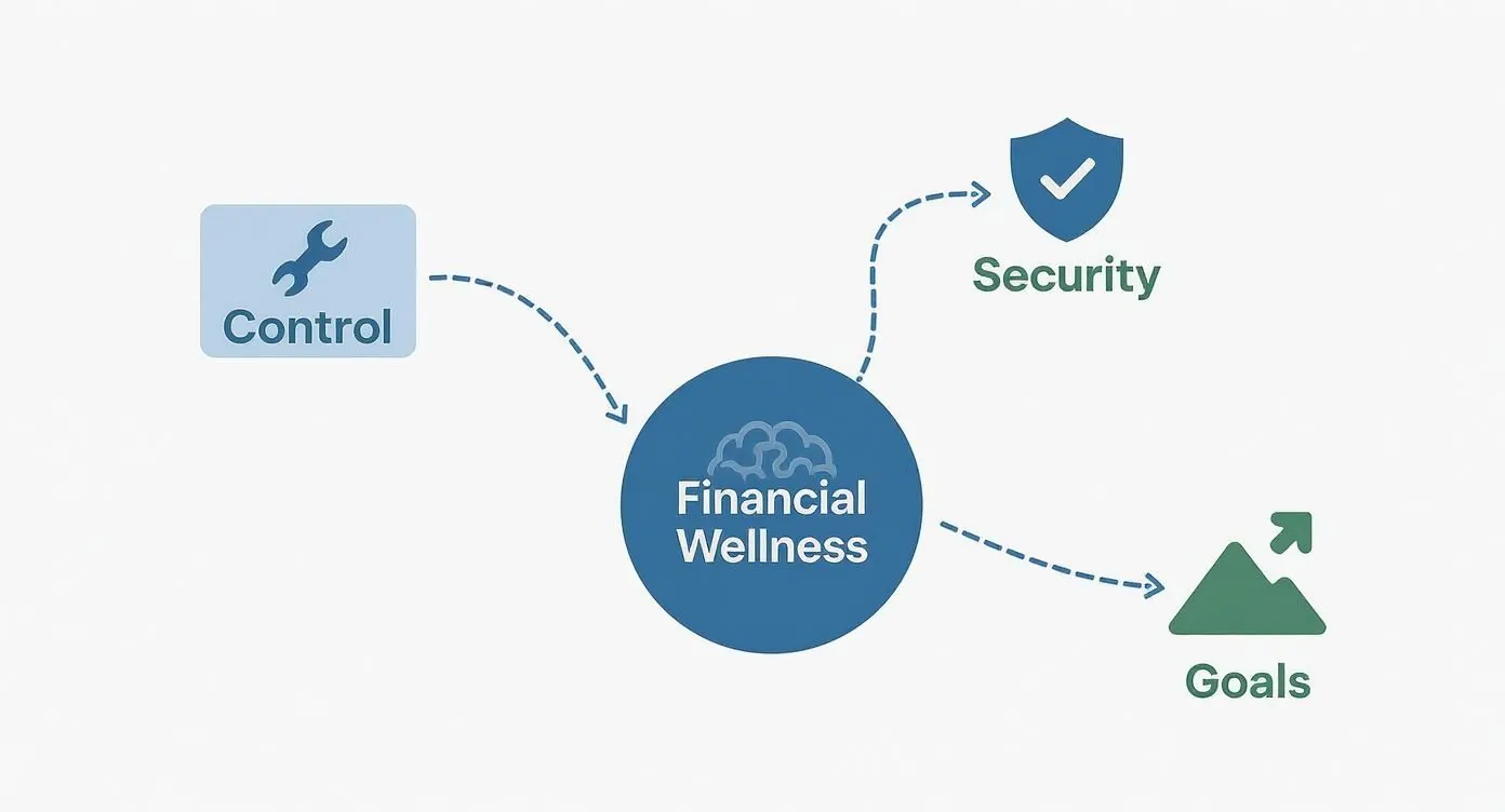 A diagram illustrating financial wellness connected to concepts of control, security, and achieving financial goals.
