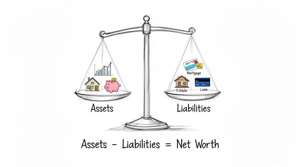A balance scale visually explains assets versus liabilities, demonstrating the calculation of personal net worth.