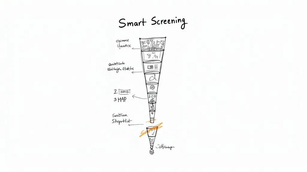 A 'Smart Screening' funnel diagram illustrates a multi-stage filtering process for selecting opportunities.