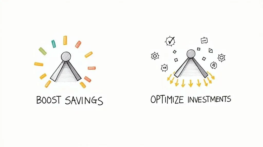 Two financial concepts illustrated: boosting savings with growth and optimizing investments with smart allocation.