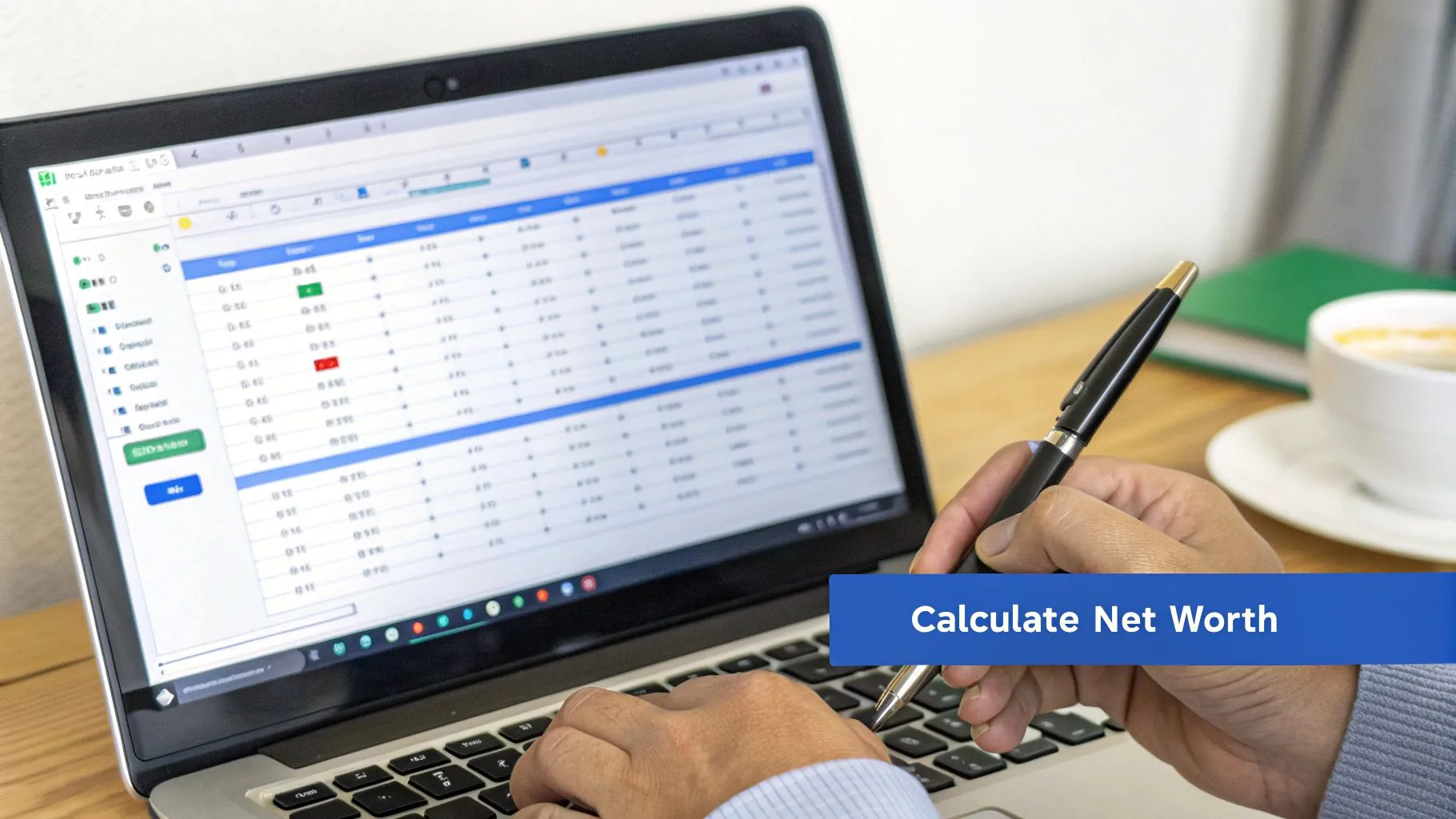 Person using laptop with spreadsheet calculating net worth holding pen over keyboard