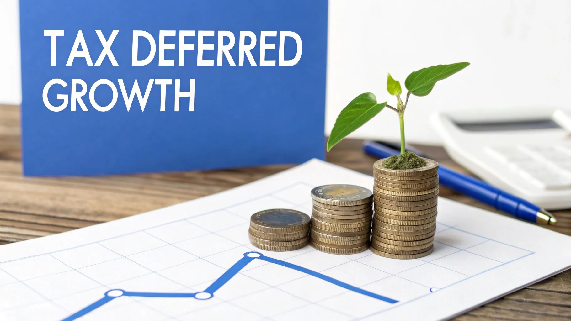 A blue sign with 'TAX DEFERRED GROWTH' next to stacks of coins with a growing plant.