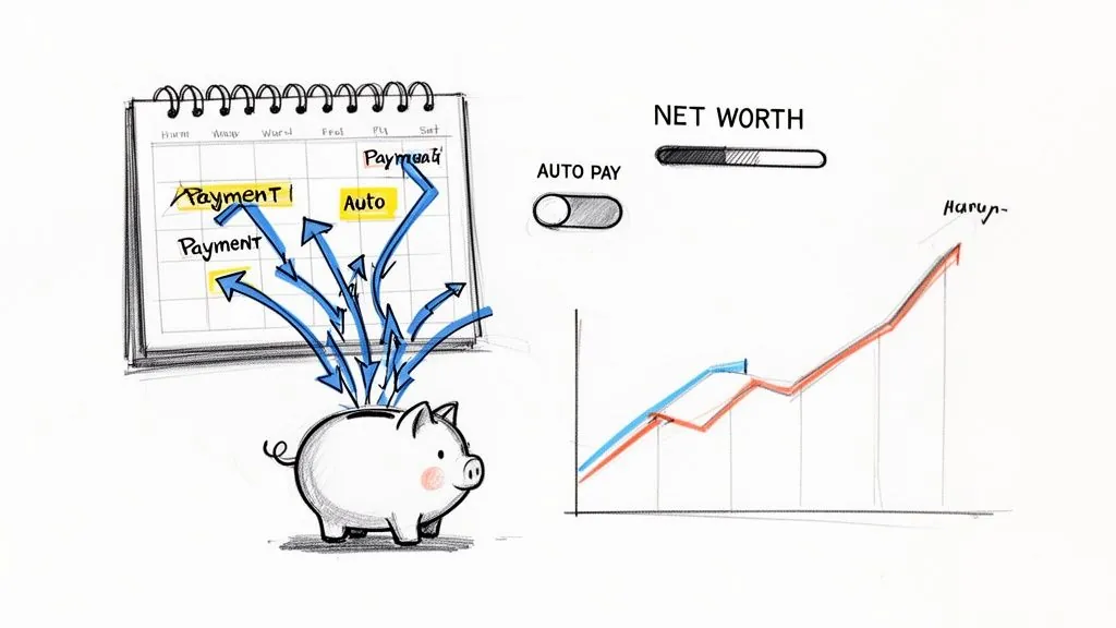 Illustration of financial planning with scheduled payments flowing into a piggy bank and a rising net worth graph.