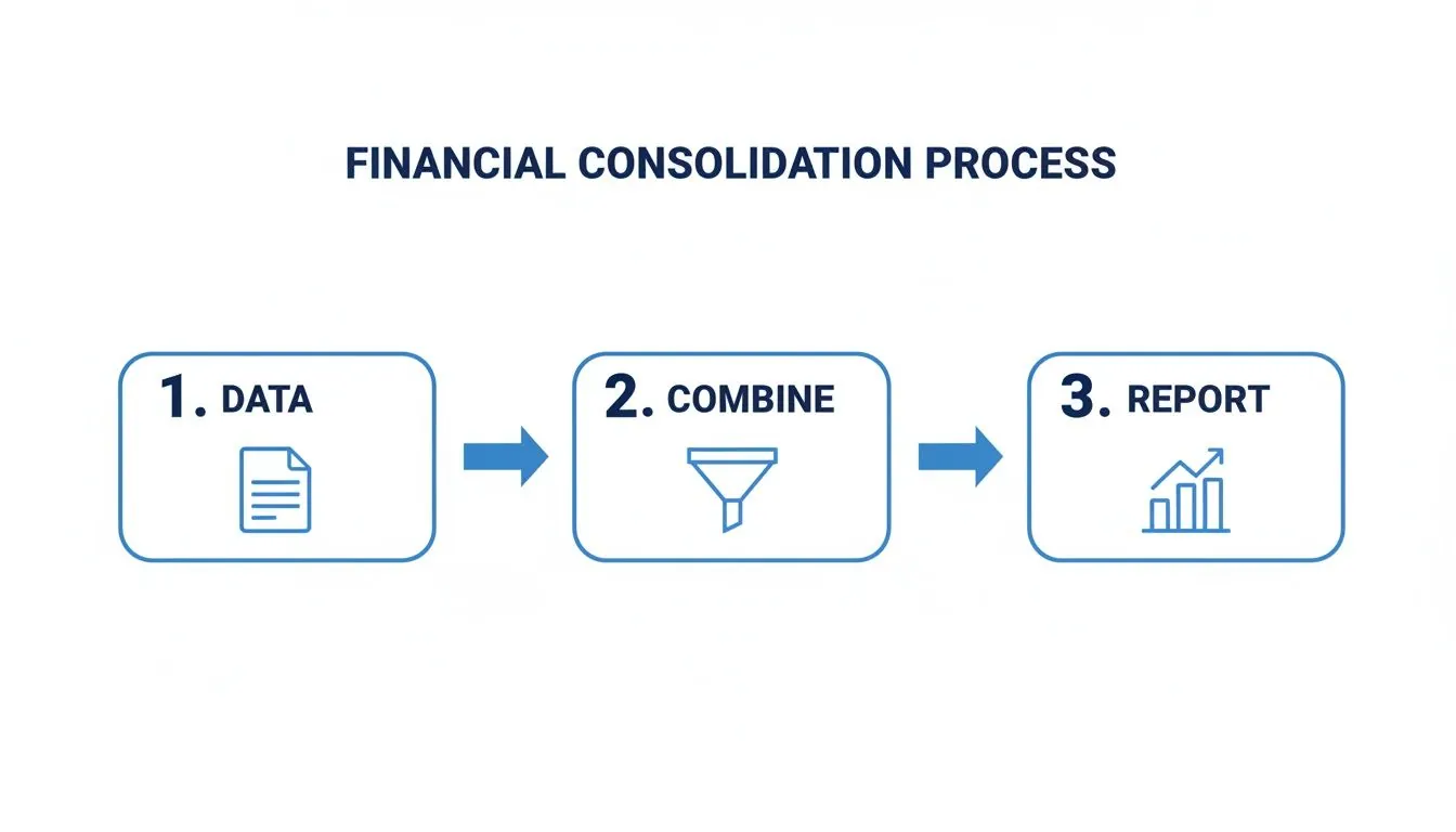 A three-step financial consolidation process flowchart: Data, Combine, and Report, illustrated with icons.