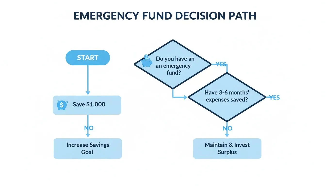 Flowchart detailing the decision path for building and managing an emergency fund, starting with saving $1,000.