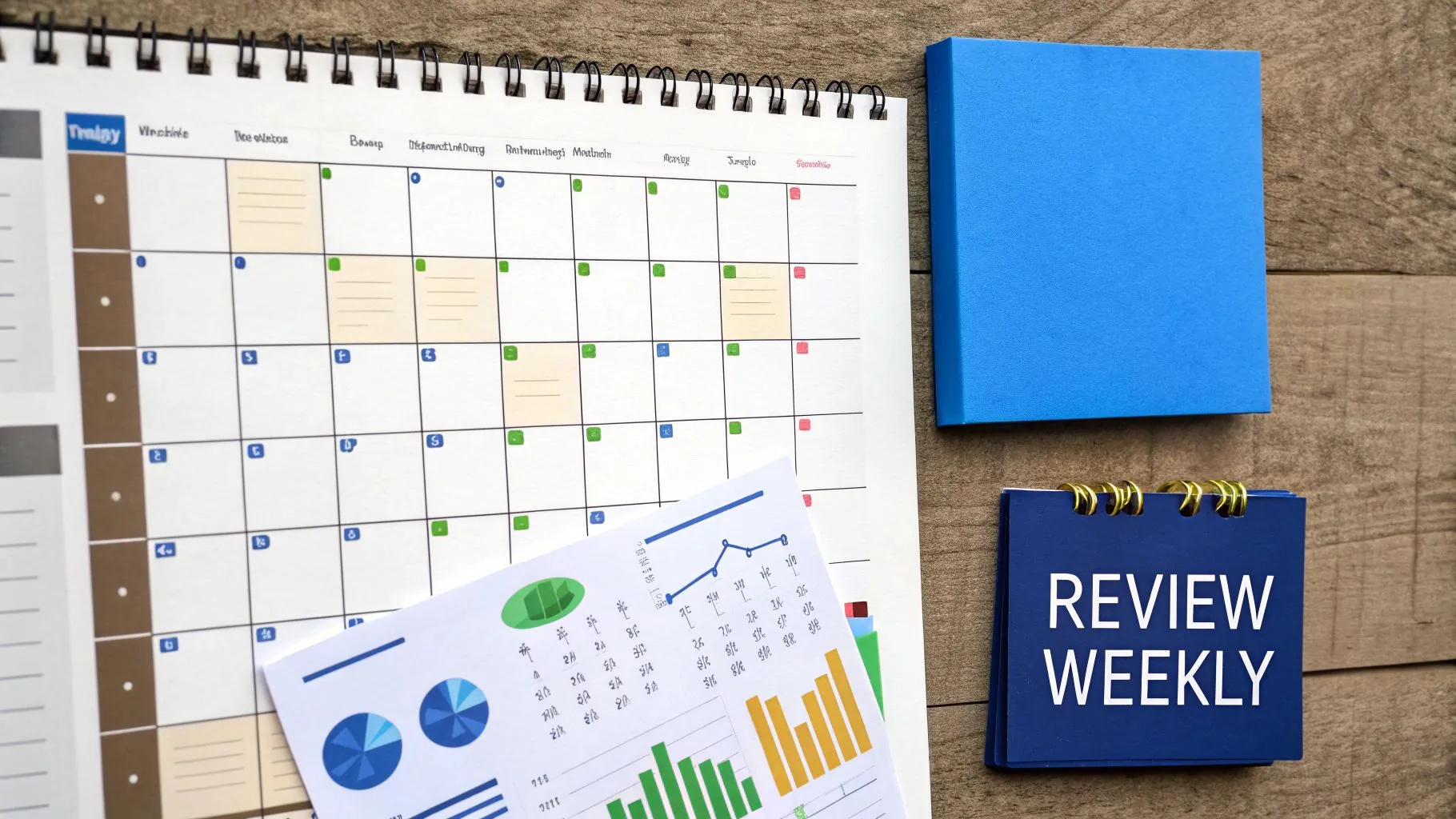 A person sitting comfortably with a laptop, reviewing a clean financial dashboard, with a calendar and a cup of tea nearby, suggesting a calm, routine check-in.