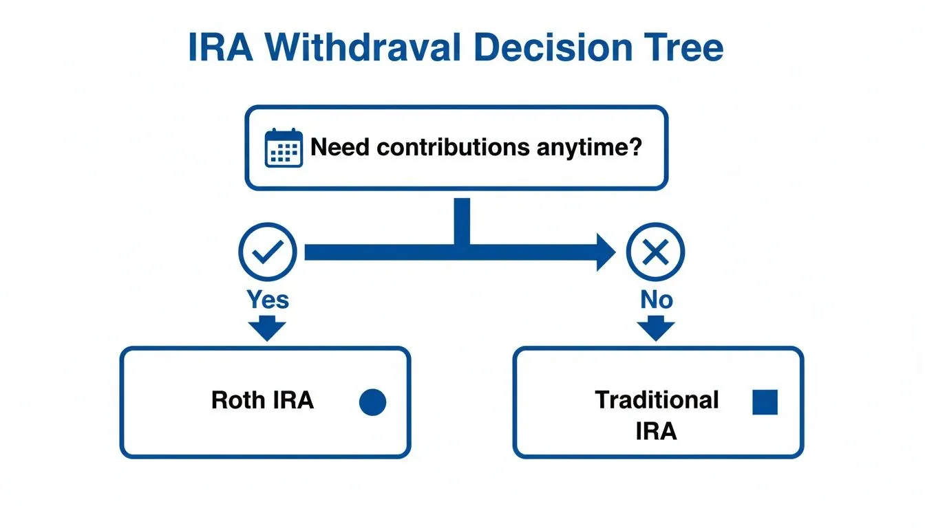 A decision tree flowchart guides IRA withdrawal choices based on the need for contributions, leading to Roth or Traditional IRA.