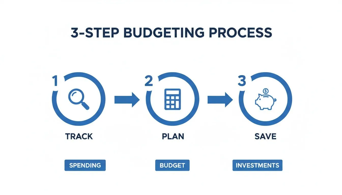 An infographic illustrating a 3-step budgeting process: track spending, plan budget, and save investments.