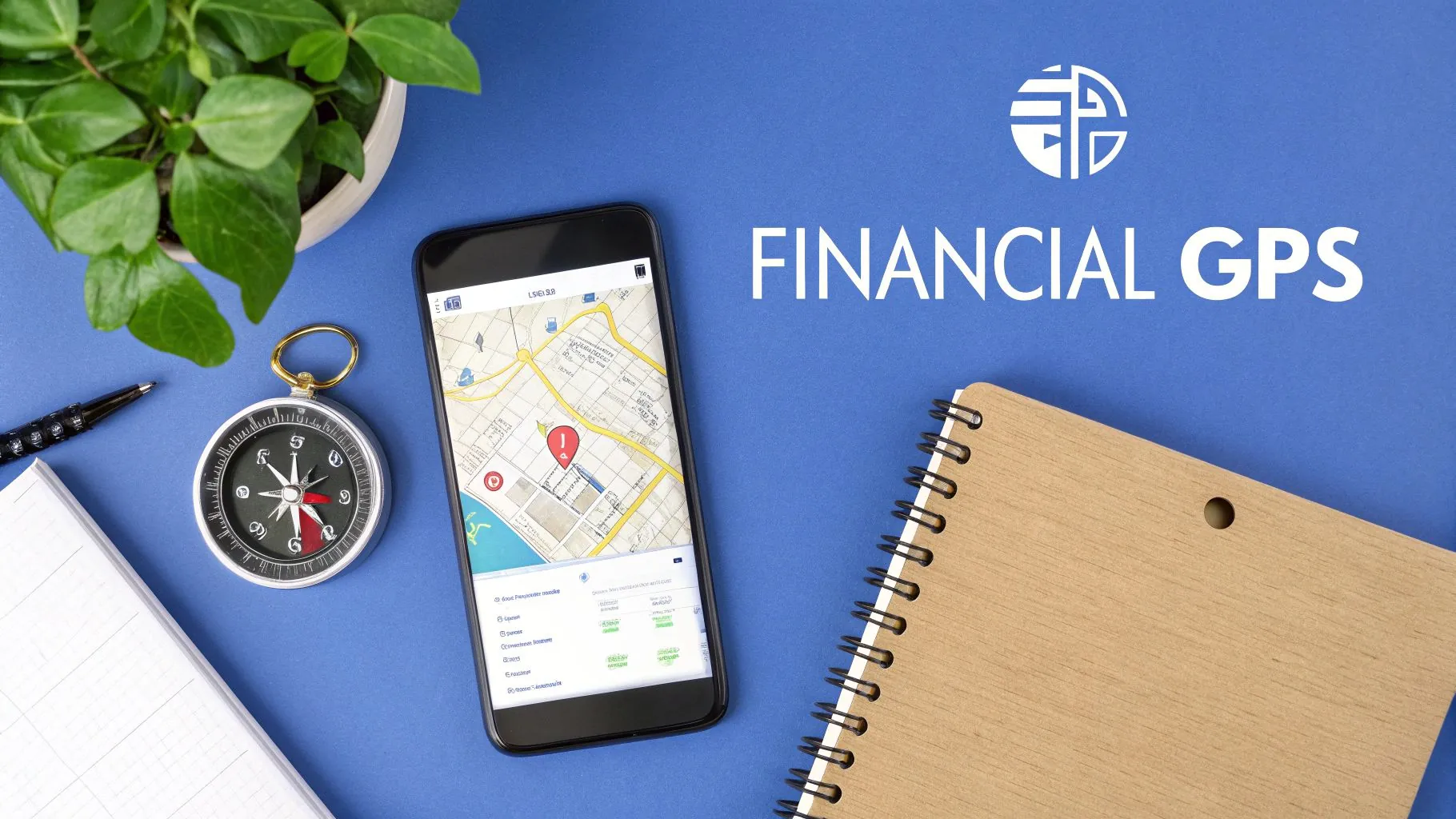 An overhead view of a desk with a laptop displaying a financial chart, a calculator, a notebook, and a coffee mug, symbolizing financial planning.